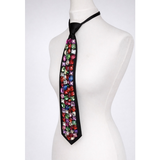 Krawat z wielokolorową kryształową aplikacją – biżuteryjny detal, który przyciąga spojrzenia.